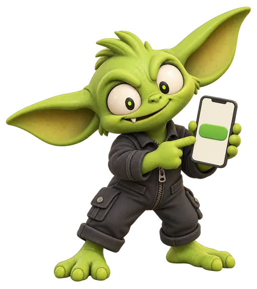 Experience gremlin inspecting a button on a mobile phone