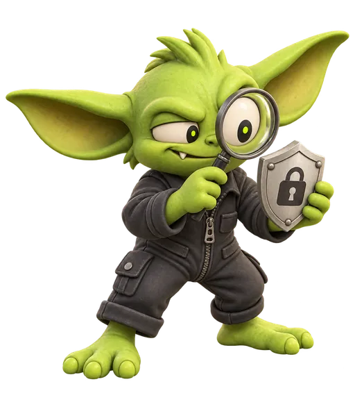 Security gremlin inspecting a shield and lock with a magnifying glass