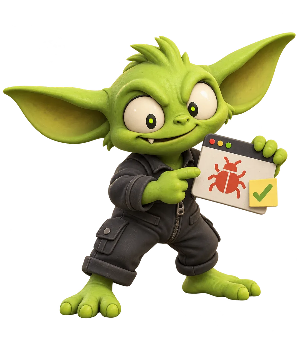 A mischievous lime green gremlin holding a browser bug report